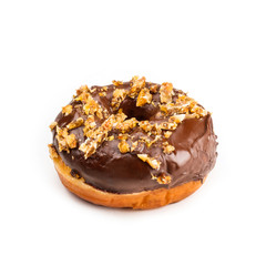 Donut with chocolate and nutmeg and jam, isolated on white background. Viewing forty-five degrees.
