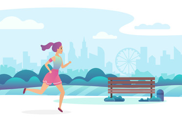 Trendy gradient color illustration of a beautiful girl jogging in the public park.
