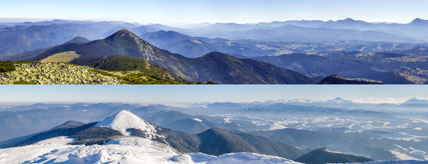 Mountain landscape in winter and in summer. Comparison of two seasons