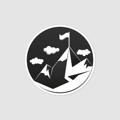 flag on mountain top, simple vector logo. Path to achieving goals, success concept. Isolated icon symbol.