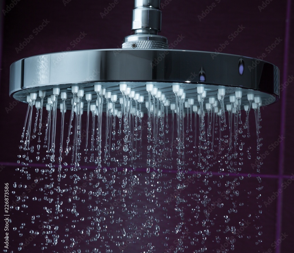 Poster Shower Head with Droplet clean Water, close-up view