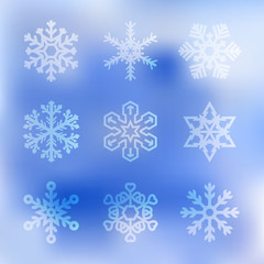 Fototapeta na wymiar Vector Set of Snowflakes of Different Shapes on a Blue Sky Background. Merry Christmas, Happy New Year Design Elements. Resource for Creating Postcards, Calendars or Posters, Presentations or Banners.