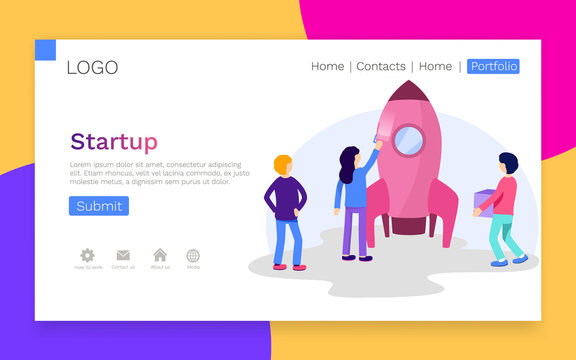 People build space rocket launch. Startup creative idea. Teamwork and business launch concept. Landing page concept. Vector illustration