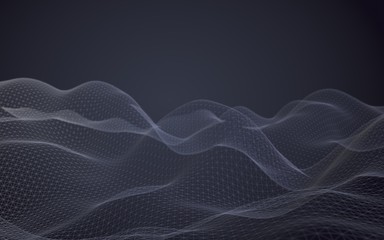 Abstract landscape on a dark background. Cyberspace navy blue grid. Hi-tech network. 3D illustration