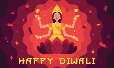 Happy Diwali card with Lakshmi in flat style.