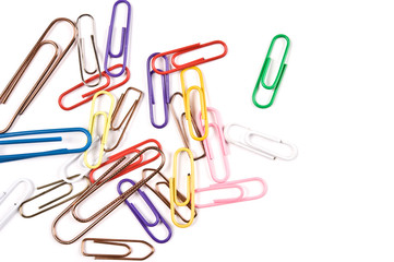 Close-up of multi-colored paper clips on a white background.
