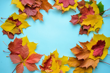 Naklejka na ściany i meble Frame of autumn leaves on blue background