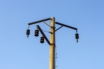 .Stealing, cutting wires, hanging, war, abandoned, abandoned, railway, de-energized, trolley, destroyed, tower, support,