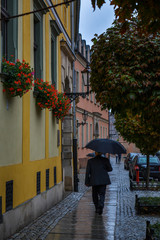 A man walks down the street under an umbrella - a rainy day.