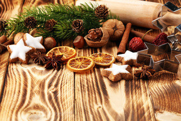 Baking christmas cookies. Typical cinnamon stars bakery with spices. xmas decoration