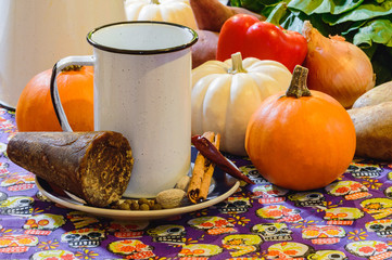 Mexican coffee, cafe de olla with fresh produce, room for text