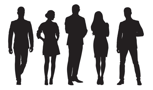 Business men and women, group of people at work. Isolated vector silhouettes