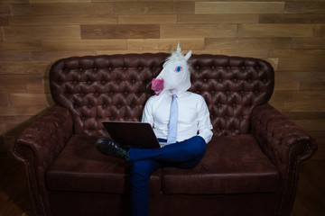 Stylish man in elegant suit working at home office. Unusual young manager in comical mask on background of wooden wall. Funny unicorn sits on sofa like a boss.