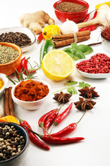Spices and herbs on table. Food and cuisine ingredients.