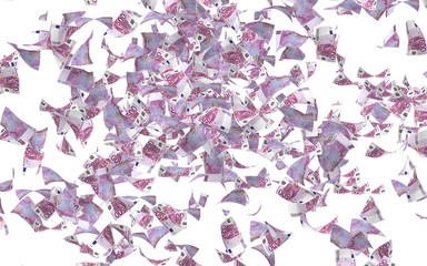 Flying euro banknotes isolated on a white background. Money is flying in the air. 500 EURO in color. 3D illustration