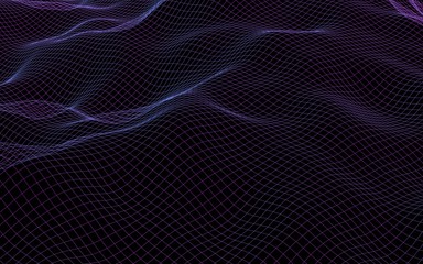 Abstract landscape on a dark background. Cyberspace navy blue grid. Hi-tech network. 3D illustration