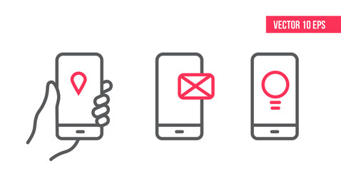 Smartphone with e-mail application on screen, location icon and idea line Icon. Vector design Element illustration.