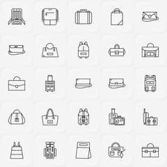Bags line icon set with lady bag, lady purse and suitcase