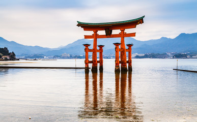 Floating gate of Itsukushima Shrine in Miyajima, Hiroshima, Japan. Travel Asia, Japan..
