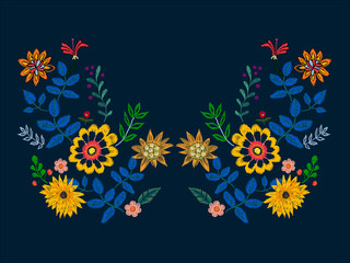 Embroidery neckline pattern with ethnic flowers. Vector embroidered floral design for fabric.