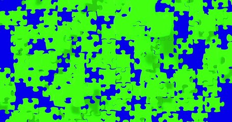 many puzzle pieces with color chroma key green screen falling down on chroma key blue screen background, abstract motion background, new idea solve problem finance business solution concept