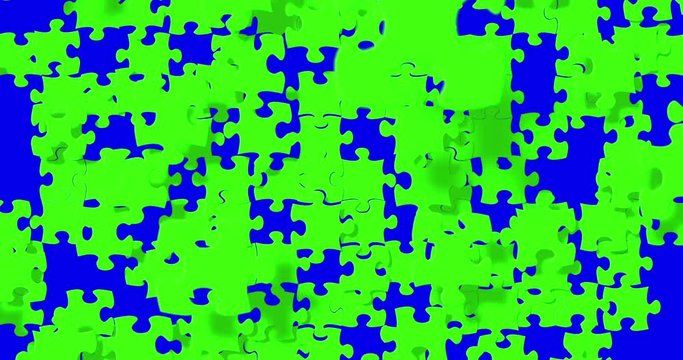 many puzzle pieces with color chroma key green screen falling down on chroma key blue screen background, abstract motion background, new idea solve problem finance business solution concept