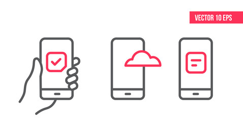 Smartphone with check mark on screen, cloud hosting icon, checklist clipboard icon. Vector design Element illustration, line icons