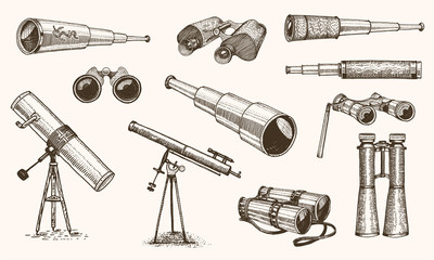 Binoculars or field glasses. Military set. vintage telescopes and optical equipment. engraved hand drawn old line icon. retro sketch style. Concept of active travel, exploration, discovery. - obrazy, fototapety, plakaty