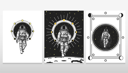 astronaut spaceman cards. Moon phases planets in solar system. astronomical galaxy space. cosmonaut explore adventure. engraved hand drawn in old sketch, vintage style for label or T-shirt.