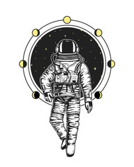 astronaut spaceman cards. Moon phases planets in solar system. astronomical galaxy space. cosmonaut explore adventure. engraved hand drawn in old sketch, vintage style for label or T-shirt.