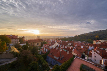 Landcape or cityscape view on old town of Prague and Lesser town during the golden hour in sunrise...