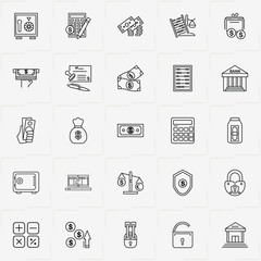 Banking line icon set with money box, currency growth and bank check