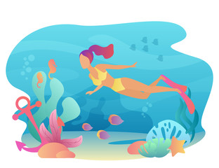 Naklejka na ściany i meble Woan snorkeling swims underwater with sea flora and fauna. Summer sport leisure. Female diving vector illustration.