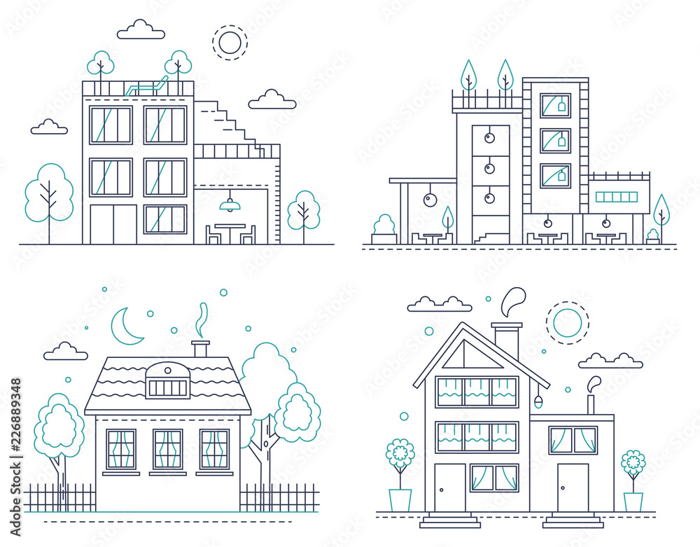 Poster thin line countryside suburban american house with trees set. vector smart home illustration for inf