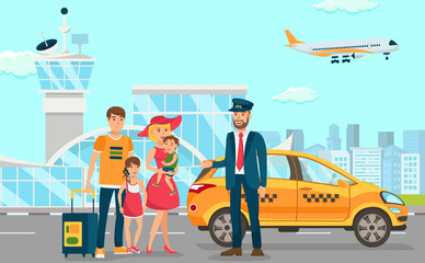 Taxi Services in Airport. Vector Flat Illustration