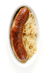 Typical Franconian Bratwurst, a sausage made of pork meat served with Sauerkraut, a traditional dish from Bavaria, Germany
