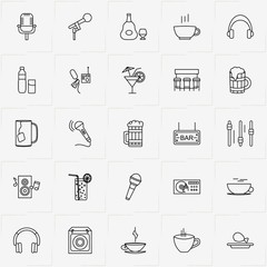 Bar line icon set with beer, equalizer and headphone