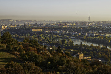 Beautiful HDR landscape panorama of Prague with vysehrad castle taken from Zvahov hill.