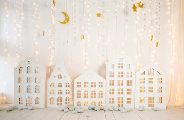 Obraz premium New Years scenery glowing city buildings garlands lights