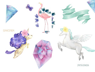 Unicorn and Pegasus and Flamingo cute clip art with ribbon and crystal on white background