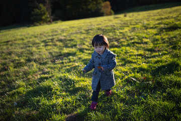 baby girl play in autumn forest park