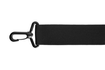 Black belt rope strap lanyard, hanging plastic clasp snap latch hook carabiner, isolated macro closeup, horizontal