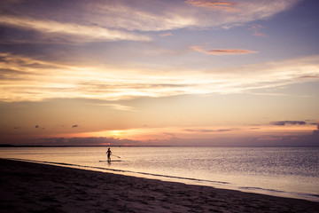 silhouette woman paddle boarding at sunset in bay