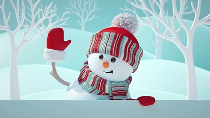 3d render, cute snowman appearing, smiling, waving hand, blinking, holding blank banner, white page, Christmas background, New Year, greeting card template, space for text, winter landscape - Powered by Adobe