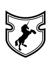 schild wappen design glücklich stehend einhorn pferd horn unicorn fabelwesen pony reiten mädchen comic cartoon clipart