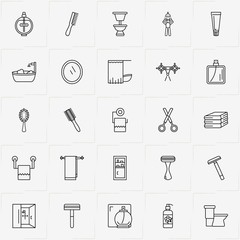 Bathroom line icon set with bathroom shelve, comb and scissor