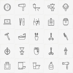 Bathroom line icon set with hair dryer, epilator   and nail file