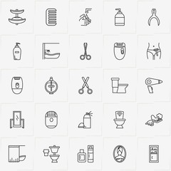 Bathroom line icon set with teeth brush, toilet and spray
