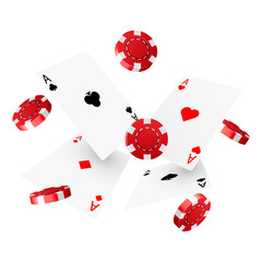 Casino poker design template. Falling poker cards and chips. Winner concept. Casino lucky background. Vector illustration