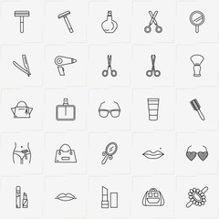 Beauty line icon set with scissor, ring and cosmetic cream